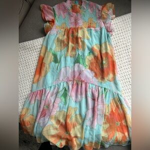 Maison Tara Aqua Floral Smocked Tier Dress with Orange & Pink Blooms